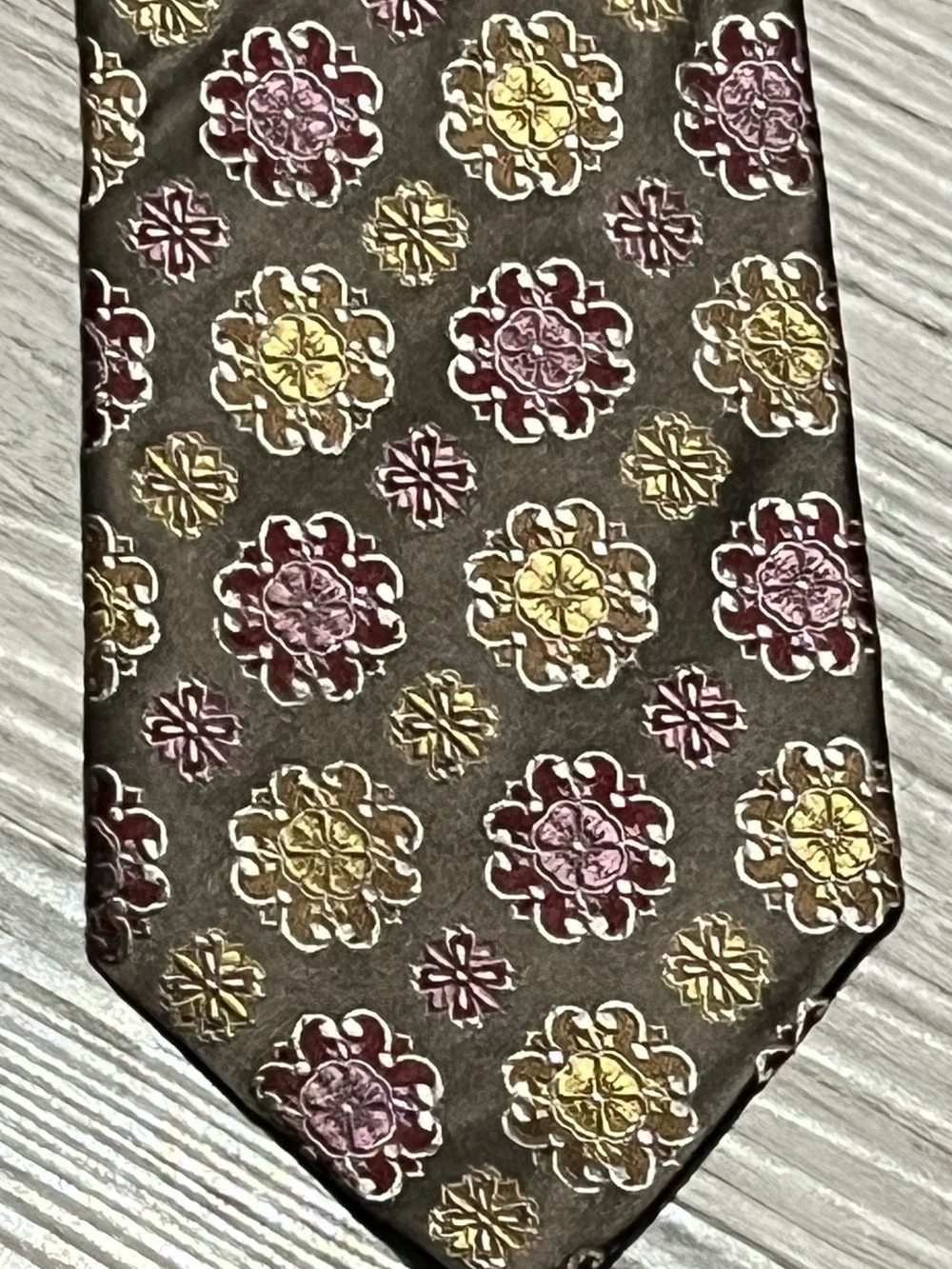 Canali Brown Silk Tie with Gold and Burgundy Floral Medallions Made in Italy